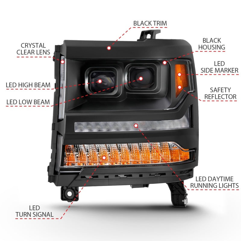ANZO 16-18 Chevrolet Silverado 1500 LED Projector Headlights w/Plank Style Switchback Black w/ Amber