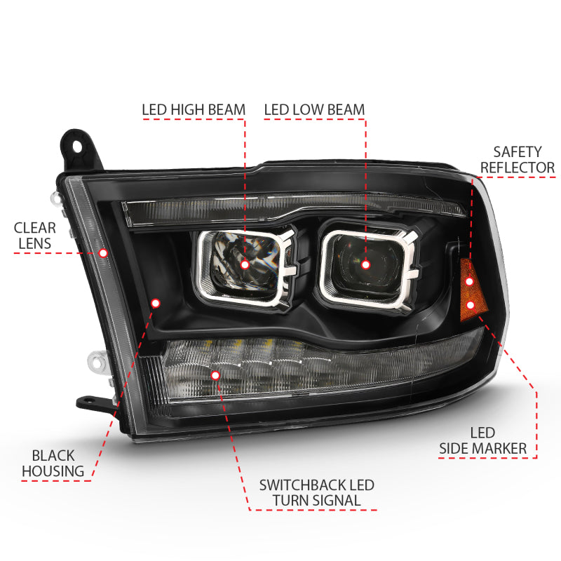 ANZO 2009-2018 Dodge Ram 1500 Led Projector Plank Style Switchback H.L Halo Black Amber (OE Style)