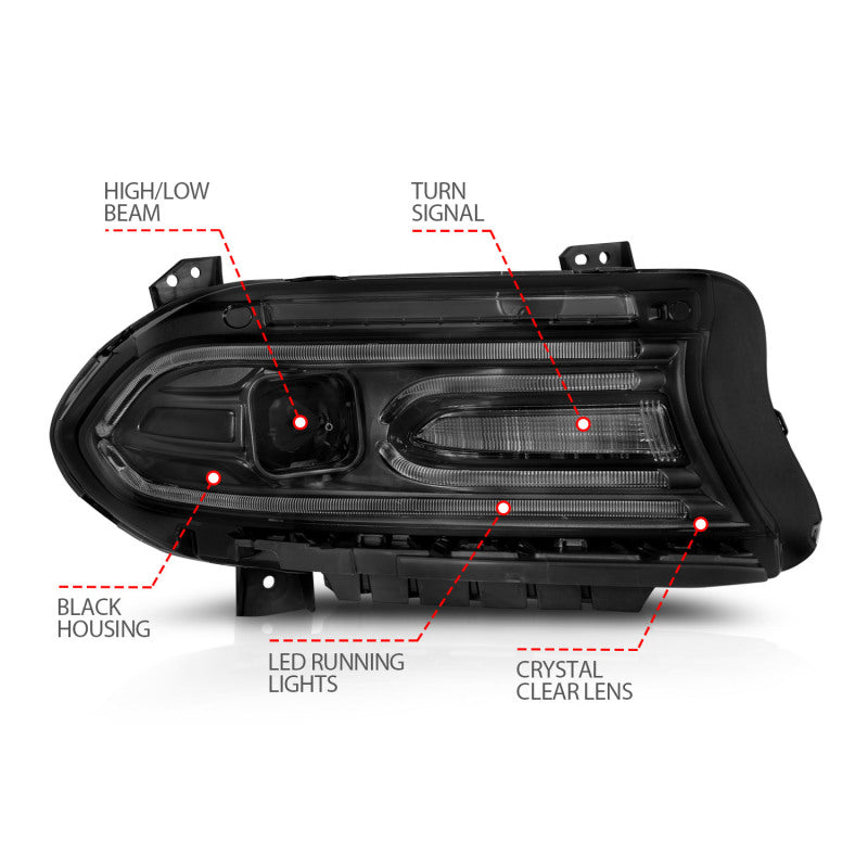 ANZO 2015-2018 Dodge Charger Projector Headlights Plank Style Black