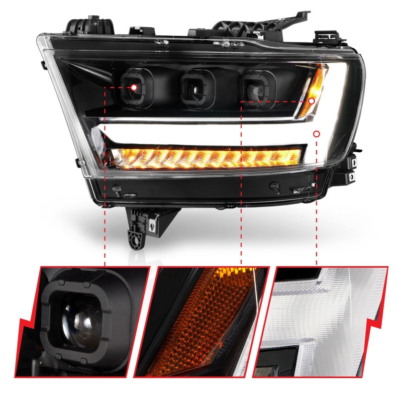 ANZO 2019-2020 Dodge Ram 1500  LED Projector Headlights Plank Style w/ Sequential Black (Driver)