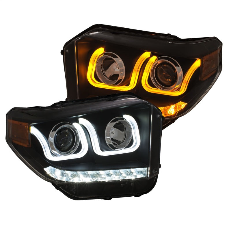 ANZO 14-18 Toyota Tundra w/ LED DRL Projector Headlights w/ U-Bar Switchback Black w/ DRL