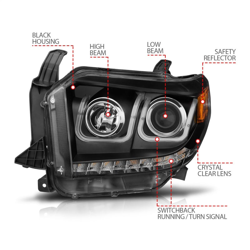ANZO 14-18 Toyota Tundra w/ LED DRL Projector Headlights w/ U-Bar Switchback Black w/ DRL