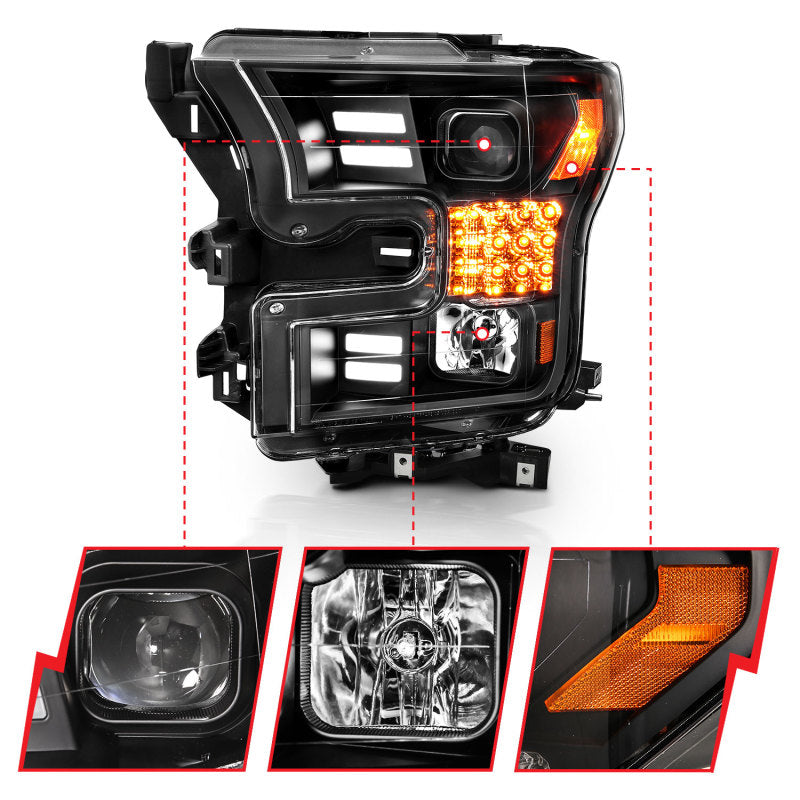 ANZO 15-17 Ford F-150 Project Headlights w/ Plank Style Design Black w/ Amber Sequential Turn Signal